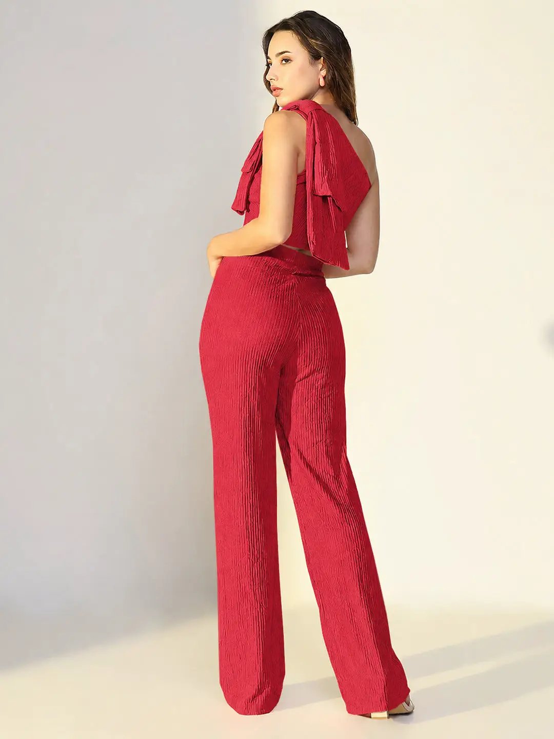 SHOWOFFFFF Women's Textured Red One Shoulder Top with Pants Co-Ords Set