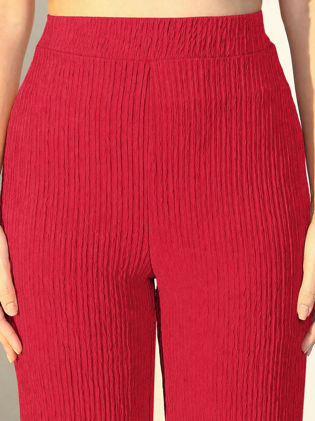 SHOWOFFFFF Women's Textured Red One Shoulder Top with Pants Co-Ords Set