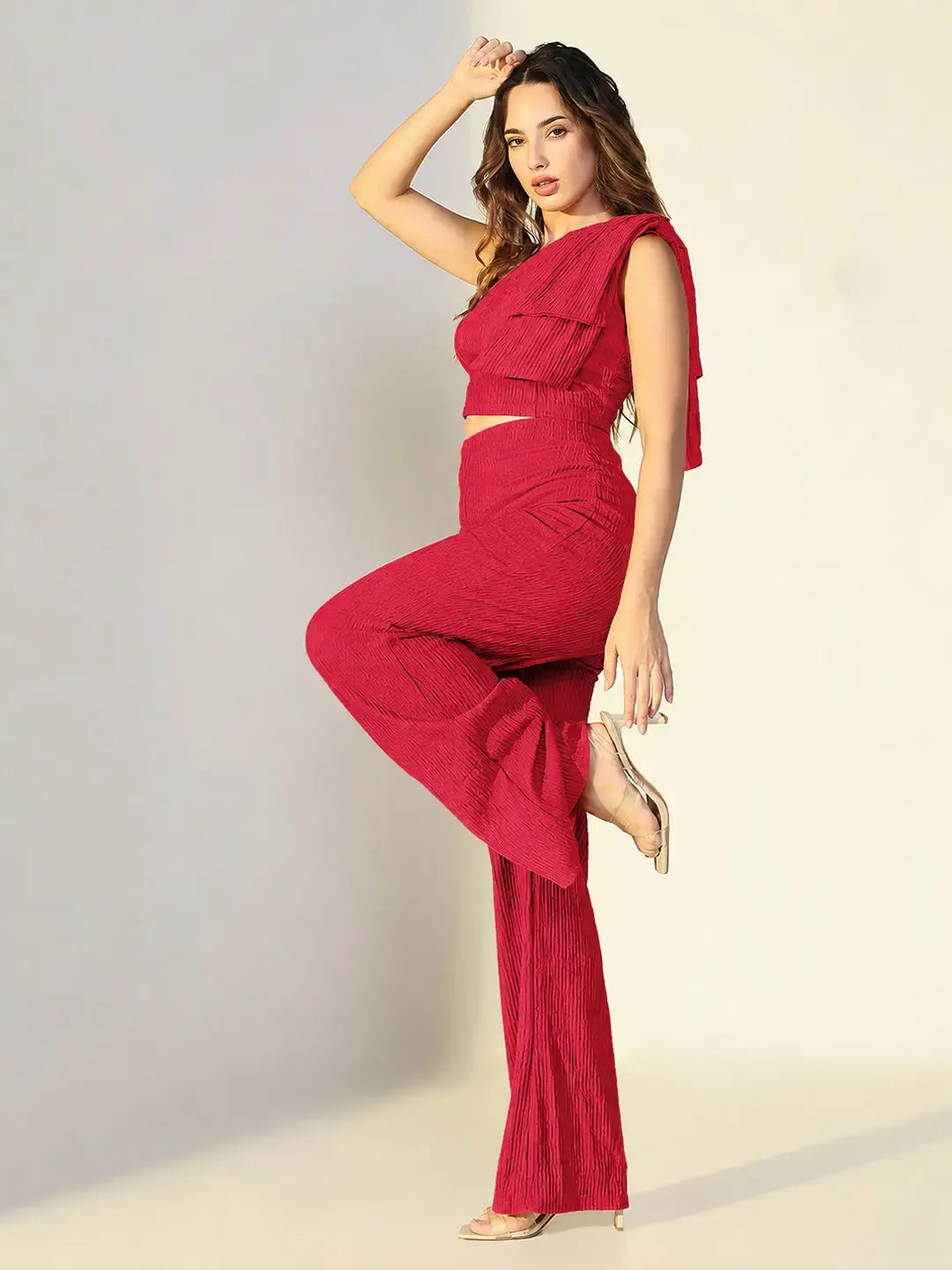 SHOWOFFFFF Women's Textured Red One Shoulder Top with Pants Co-Ords Set