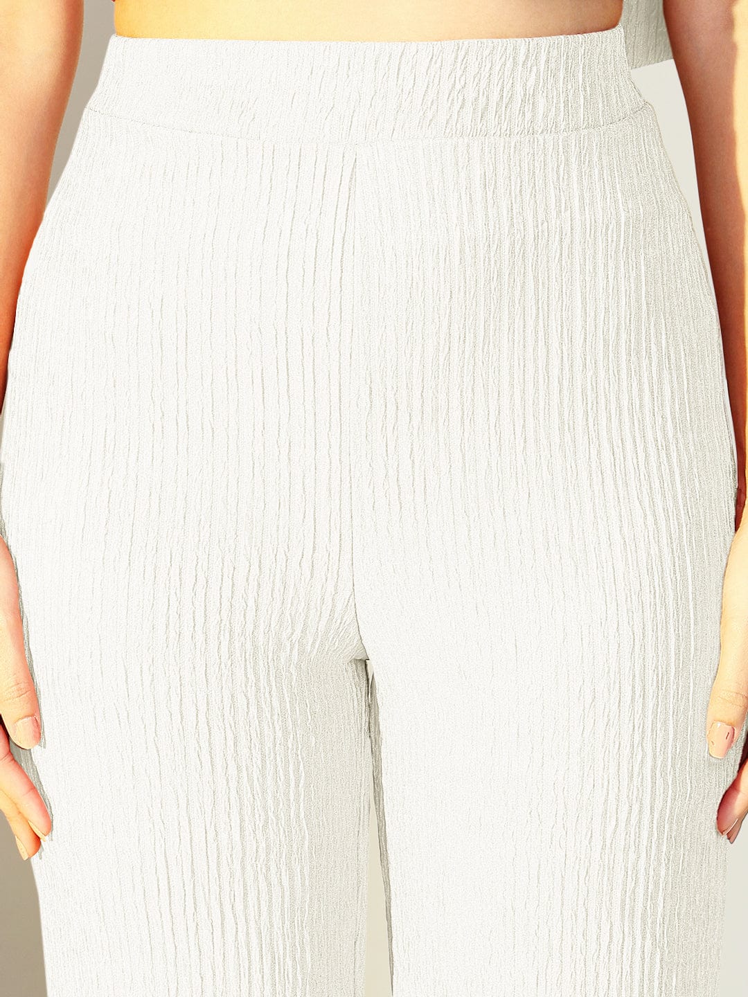 Women's Textured White One Shoulder Top with Pants Co-Ords Set