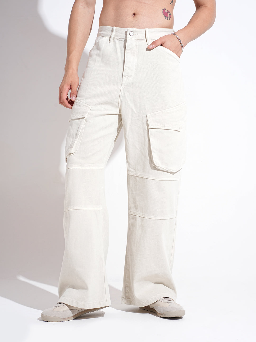 Men's Cream Wide Leg Cargo Fit Jeans