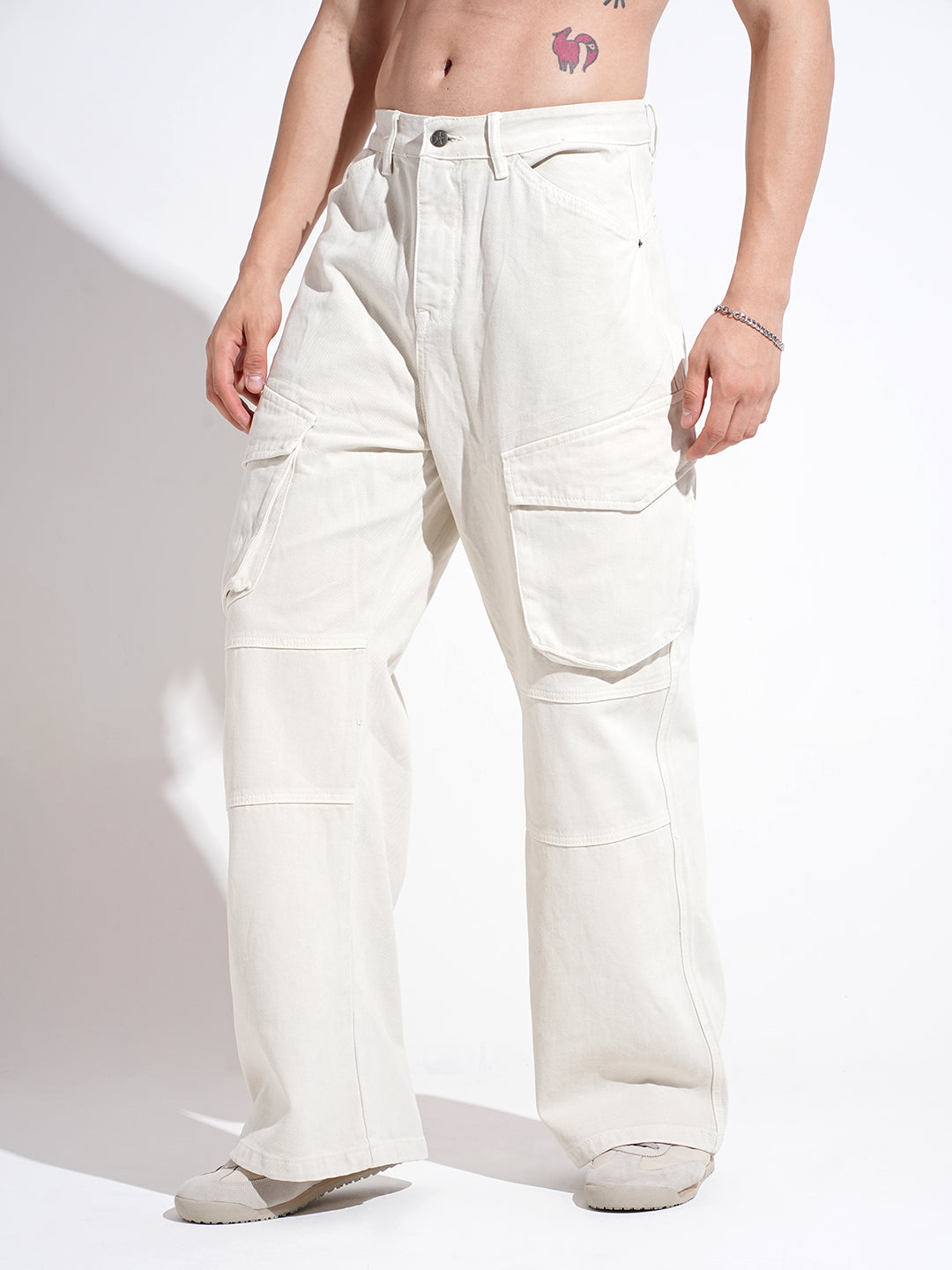 Men's Cream Wide Leg Cargo Fit Jeans