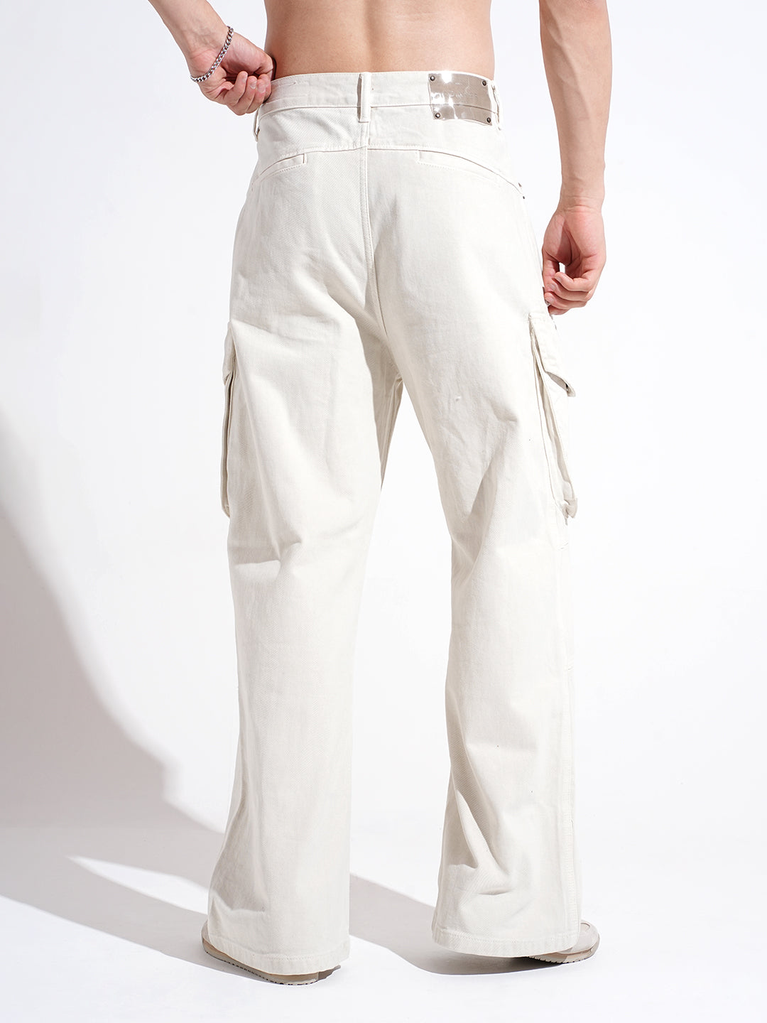 Men's Cream Wide Leg Cargo Fit Jeans