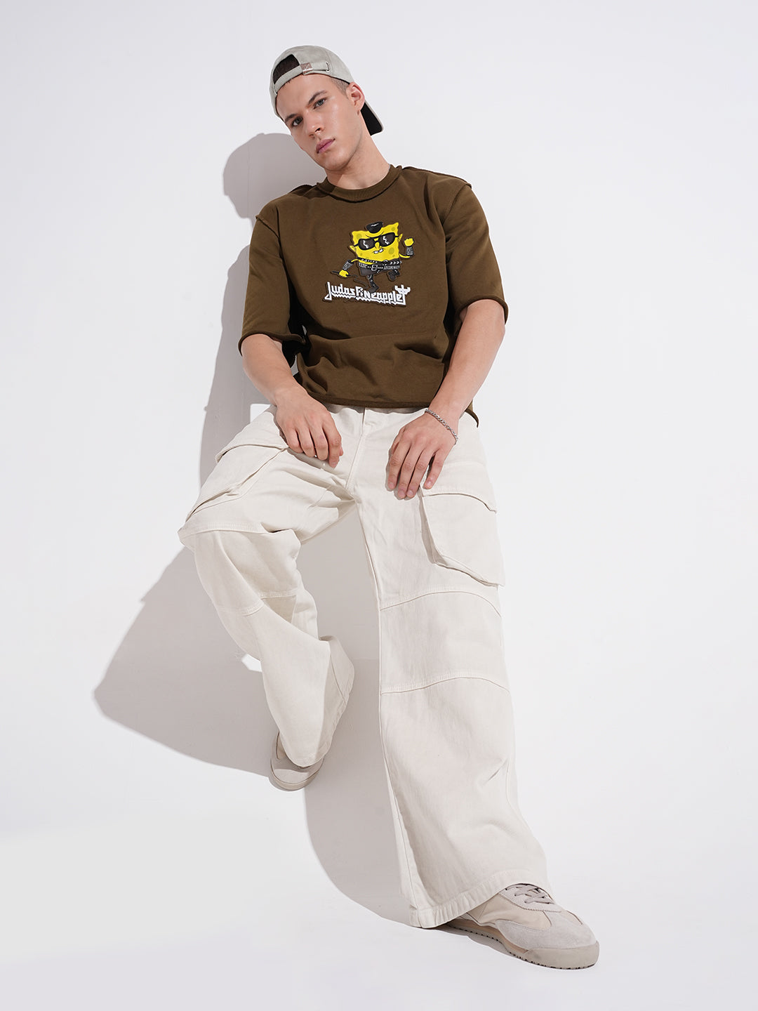 Men's Cream Wide Leg Cargo Fit Jeans