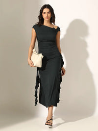 Women's Ruched Green Off Shoulder Dress with Flower Ruffles