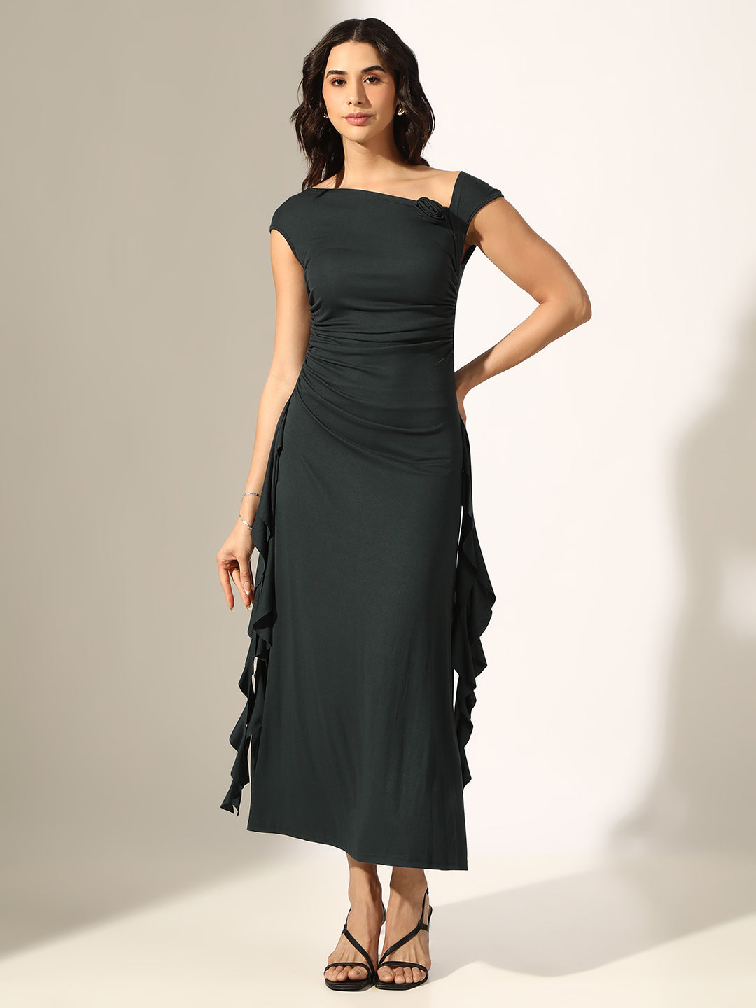 Women's Ruched Green Off Shoulder Dress with Flower Ruffles