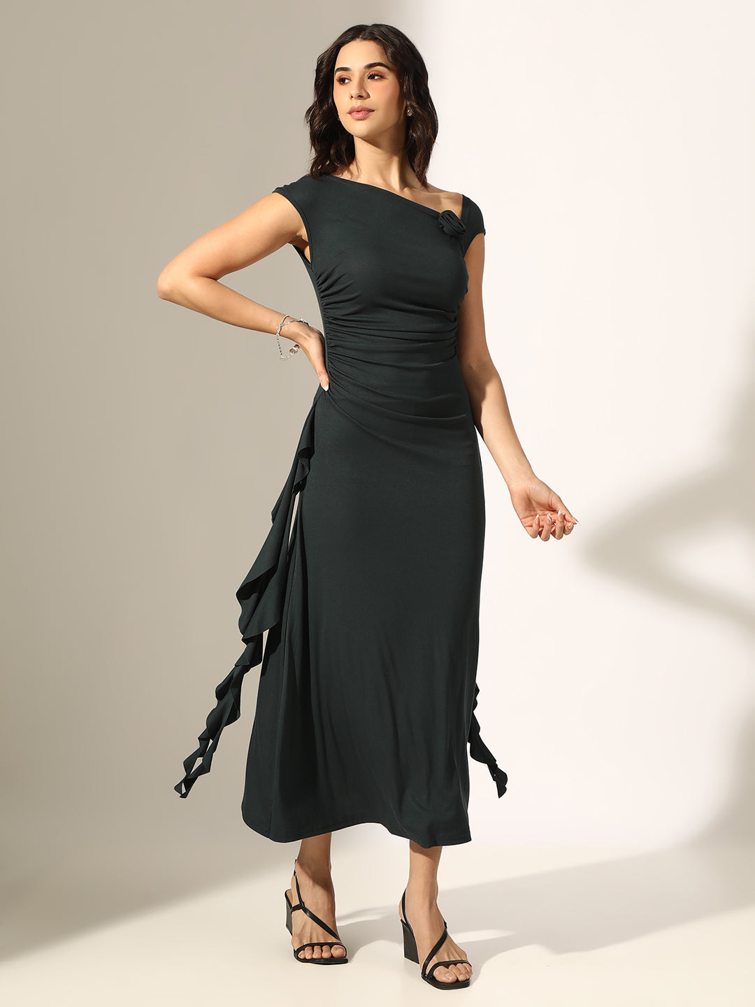 Women's Ruched Green Off Shoulder Dress with Flower Ruffles