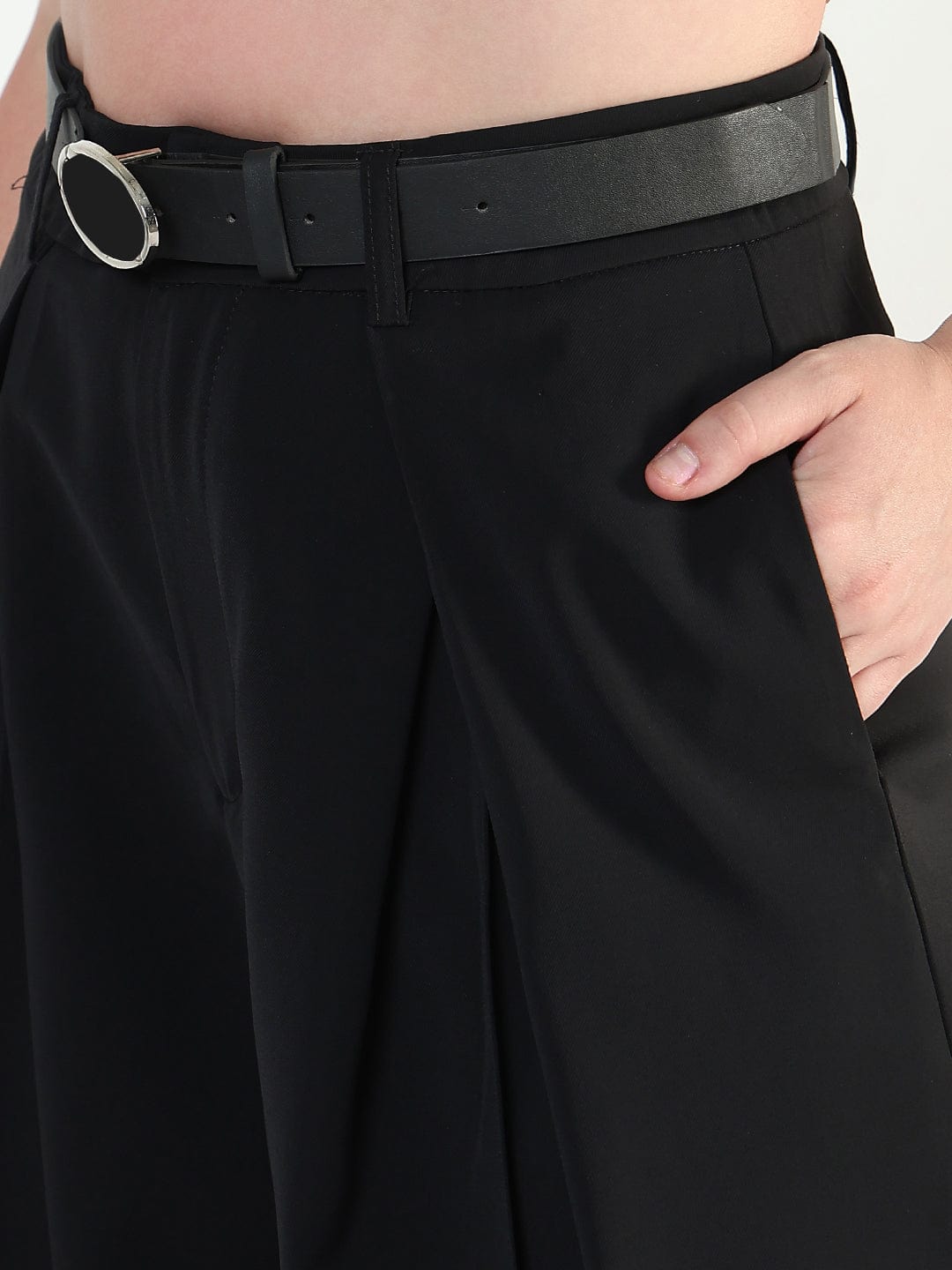 Women's Black Relaxed Fit Korean Pants with Belt