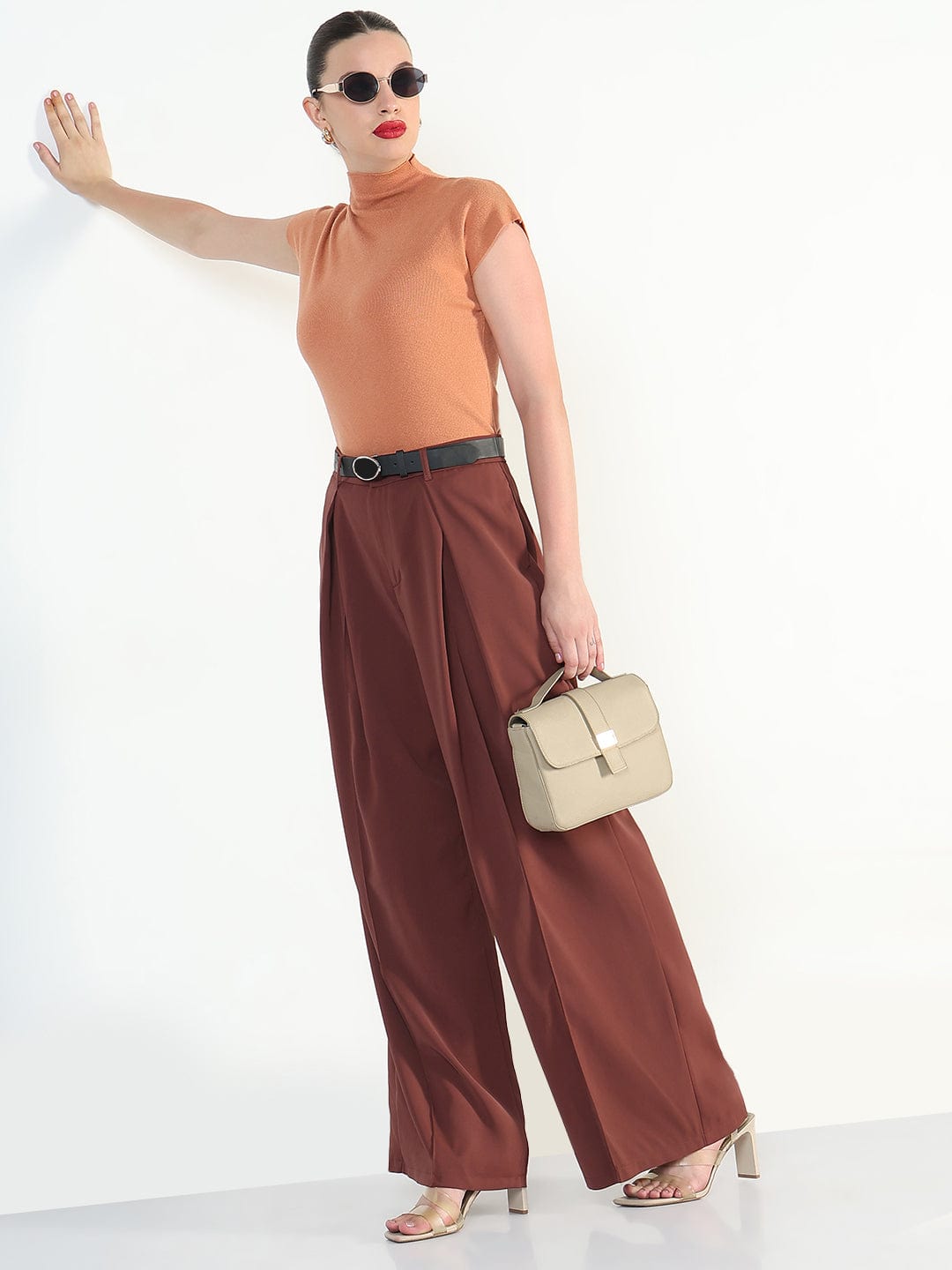 Women's Rust Relaxed Fit Korean Pants with Belt