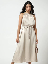 Women's Embellished Beige High Neck Satin Dress with waist Tie