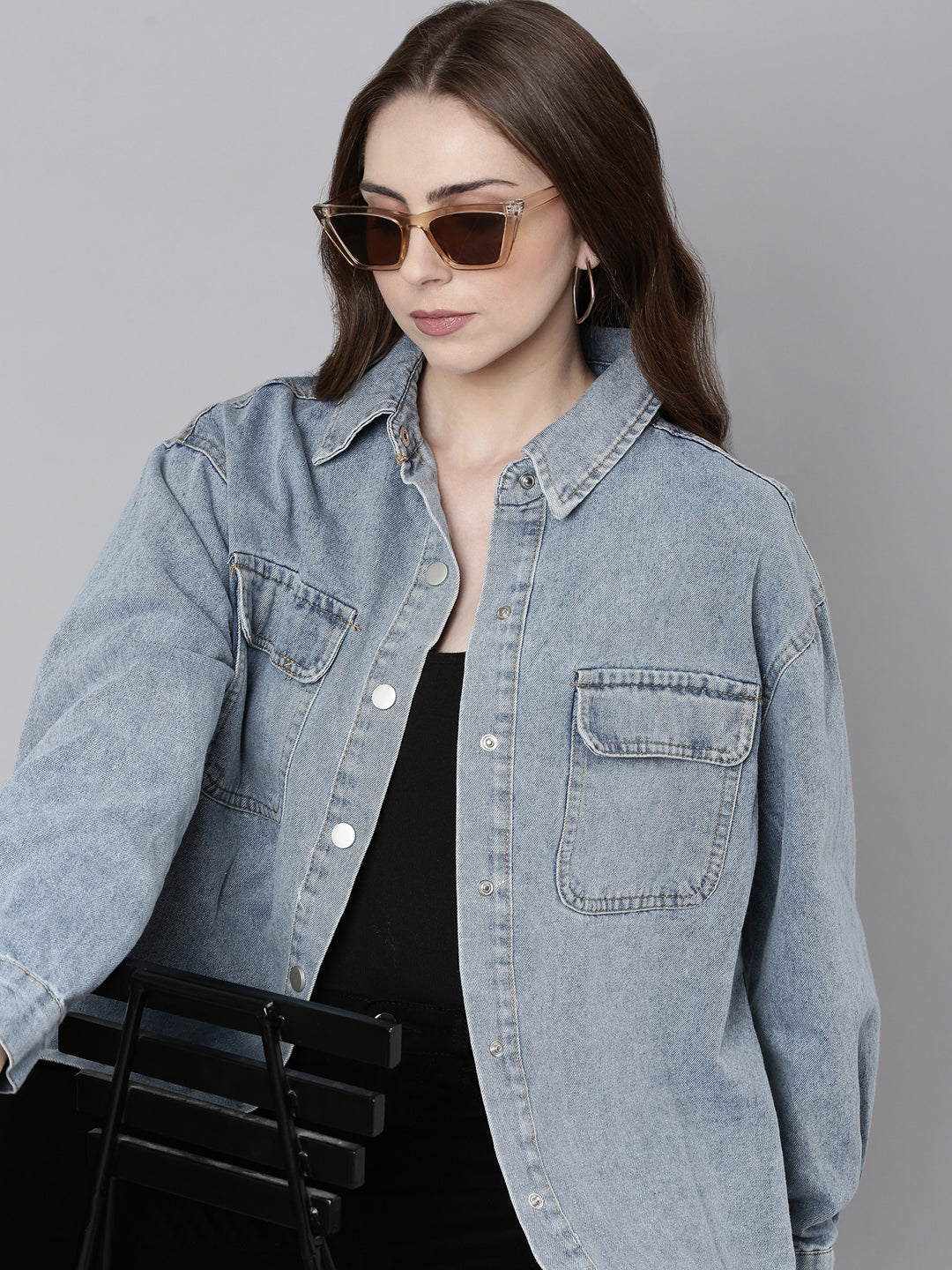 Women's Blue Solid Denim Jacket
