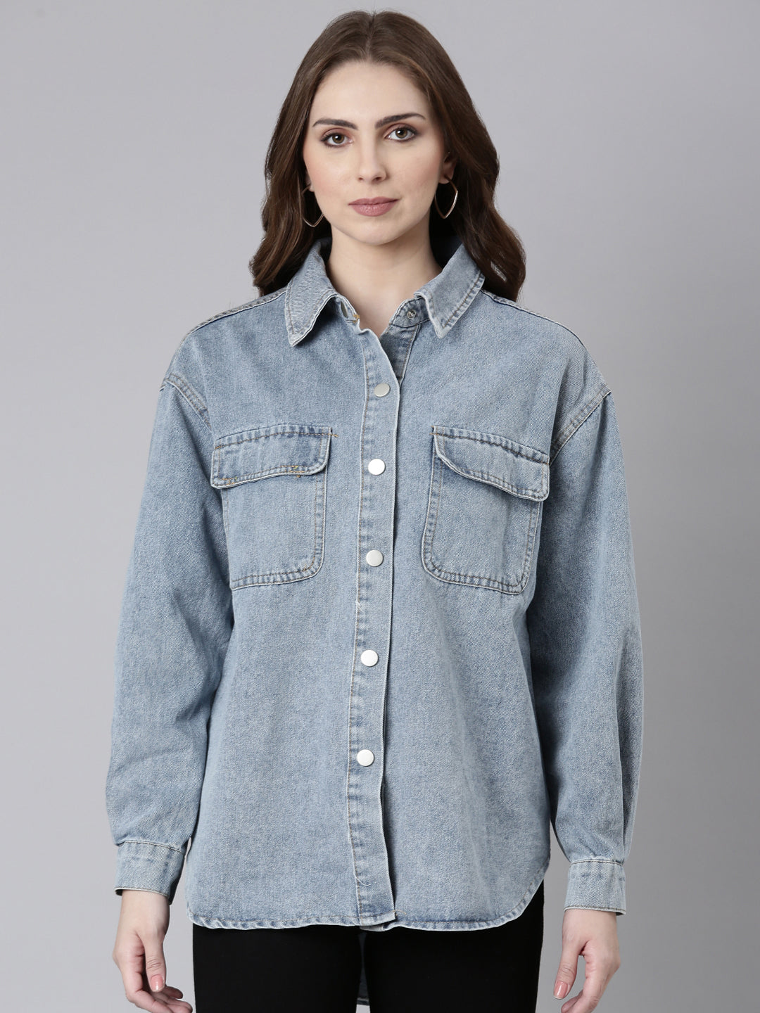 Women's Blue Solid Denim Jacket