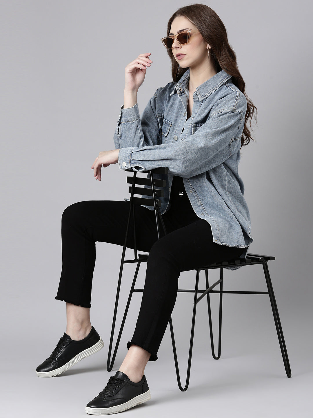 Women's Blue Solid Denim Jacket