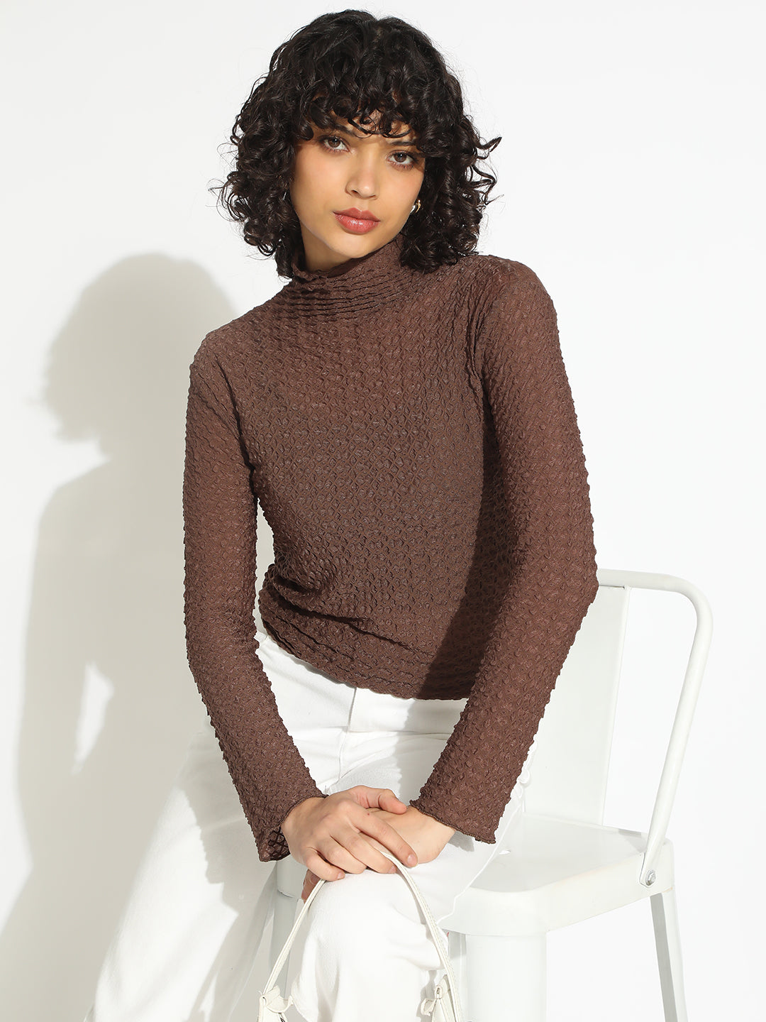 Women's Brown Textured Sheer High Neck Top