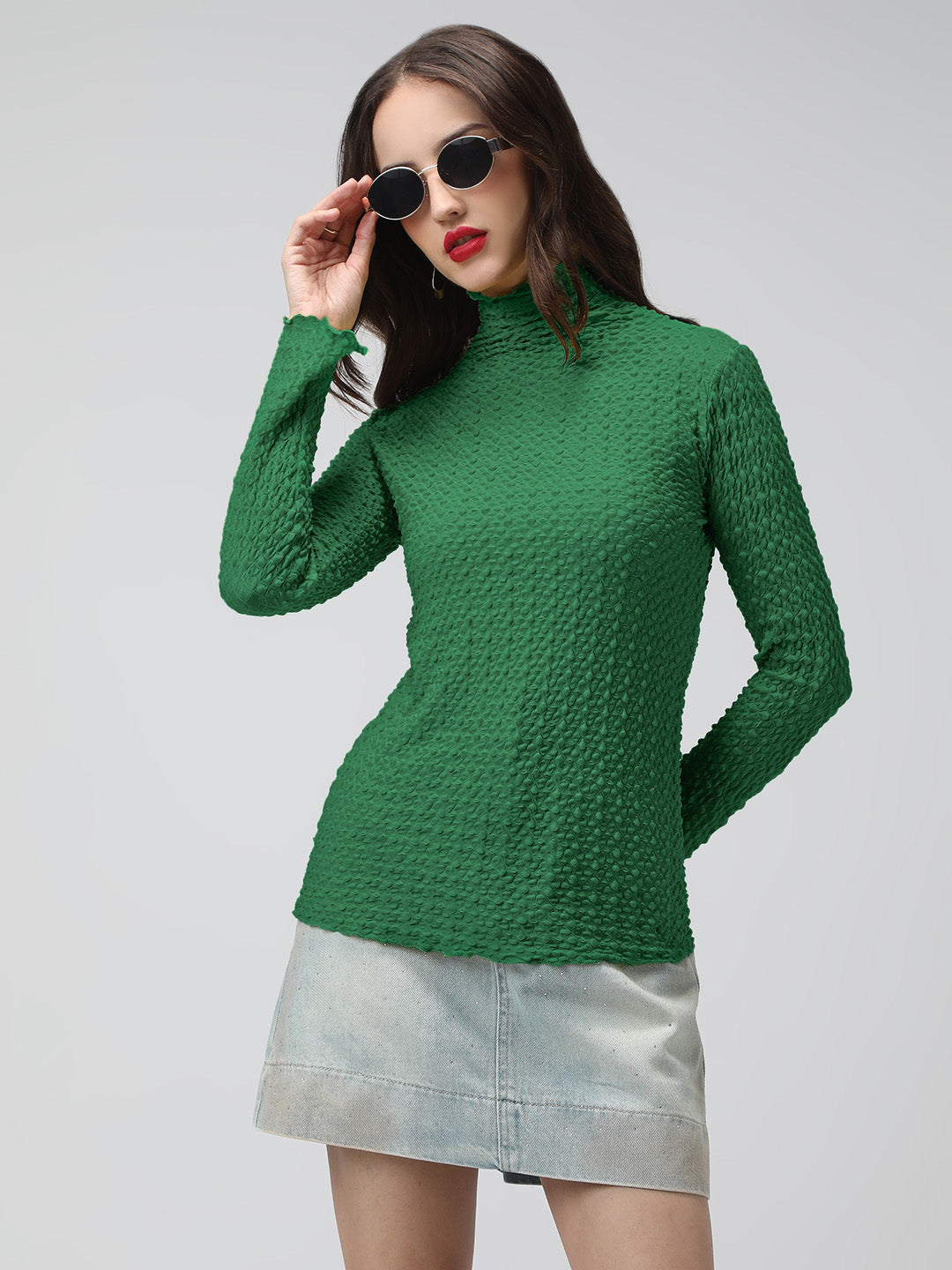 Women's Green Textured Sheer High Neck Top