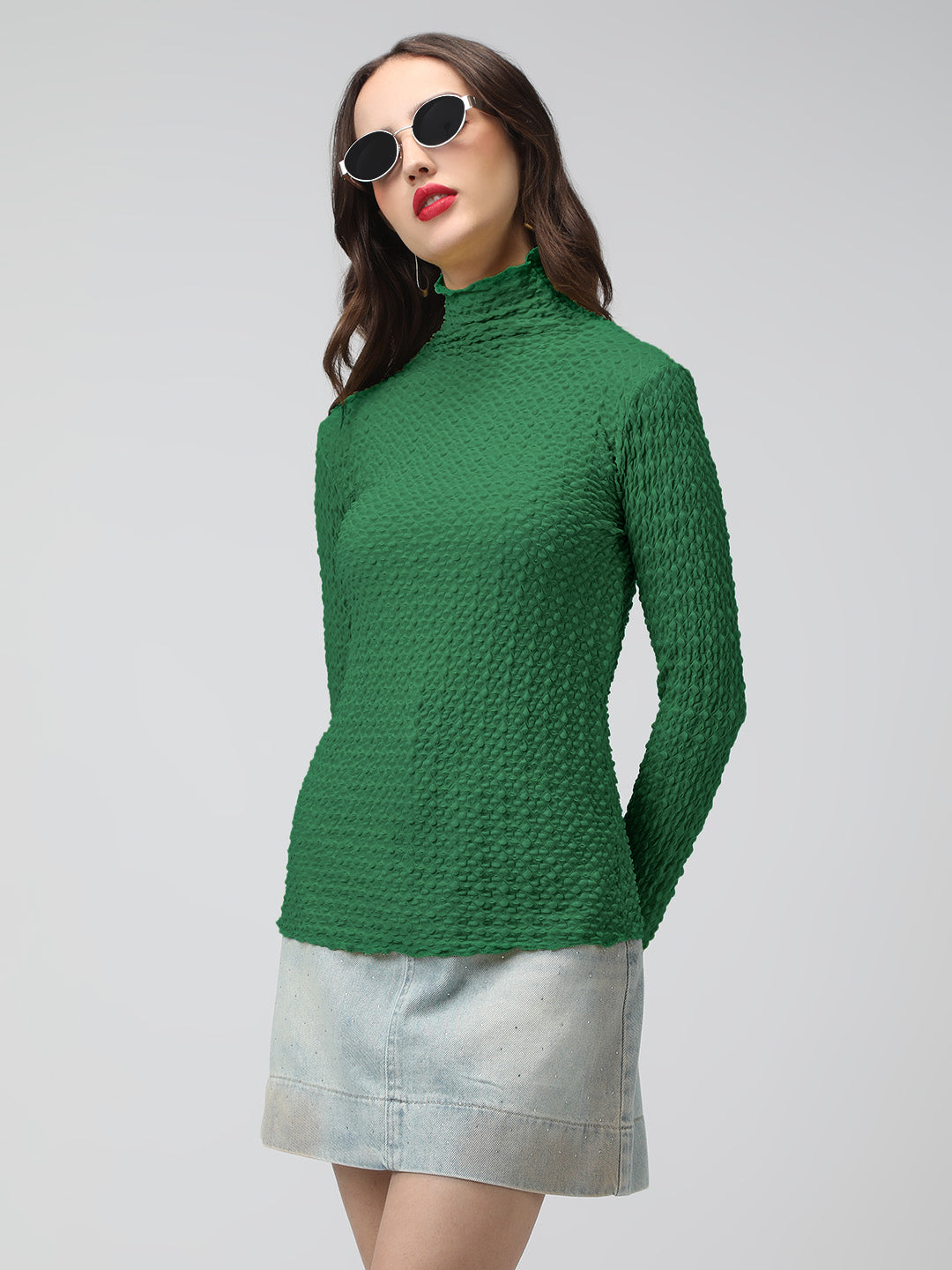 Women's Green Textured Sheer High Neck Top