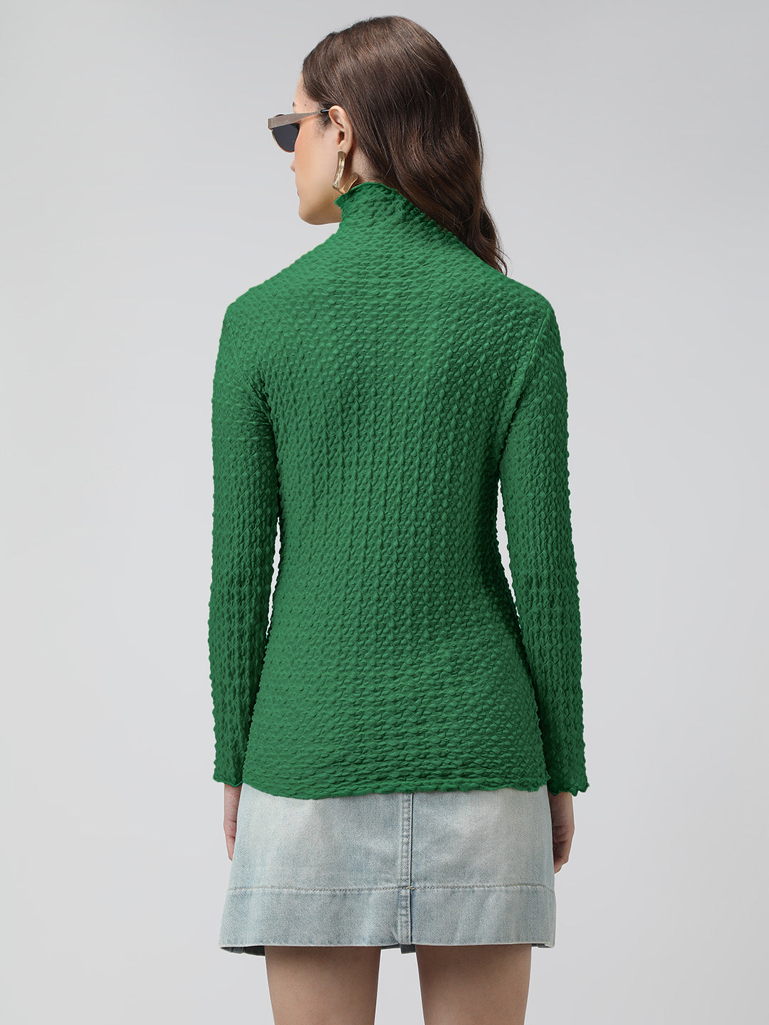 Women's Green Textured Sheer High Neck Top