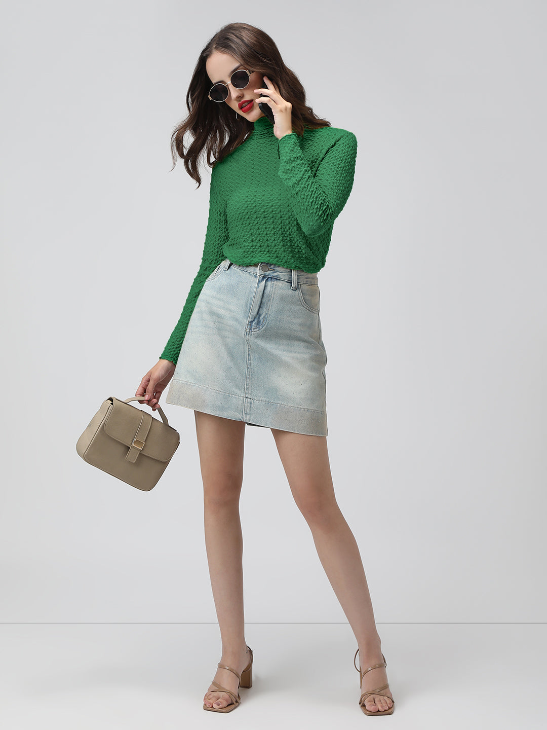 Women's Green Textured Sheer High Neck Top