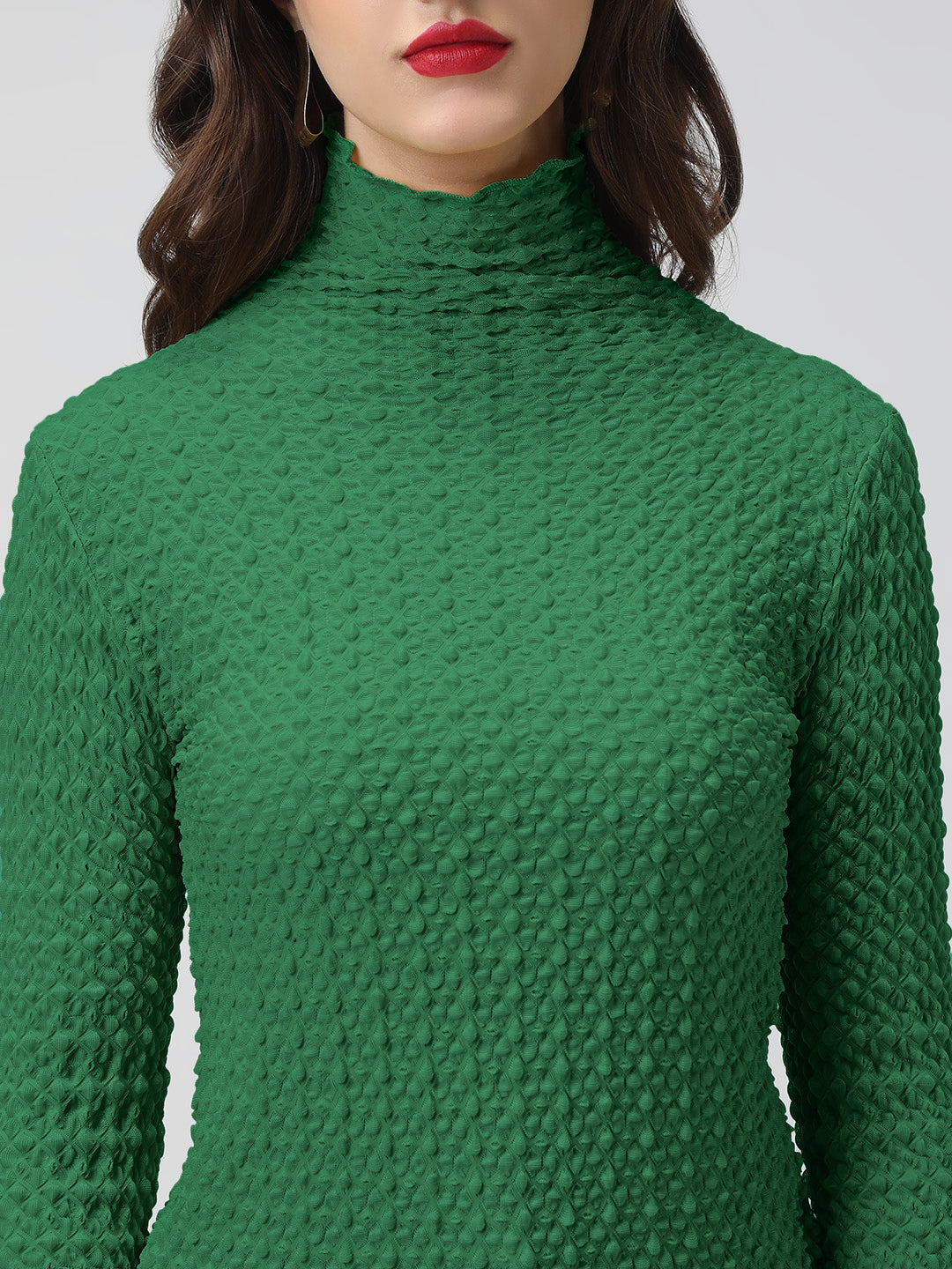 Women's Green Textured Sheer High Neck Top