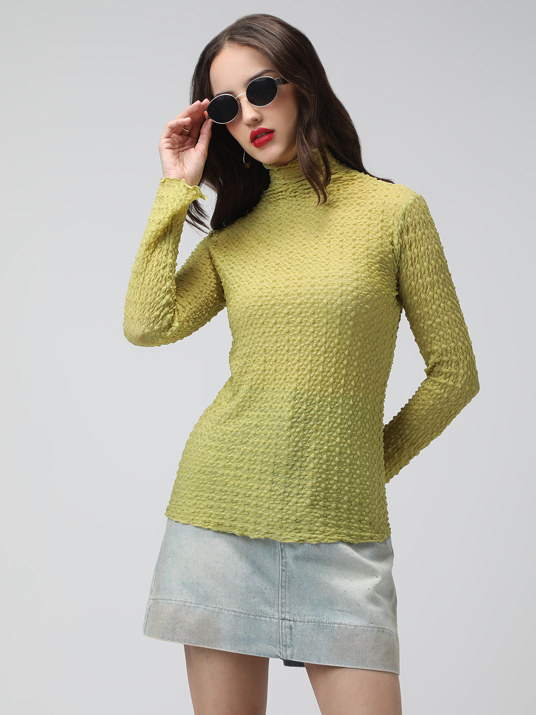 Women's Light Green Textured Sheer High Neck Top