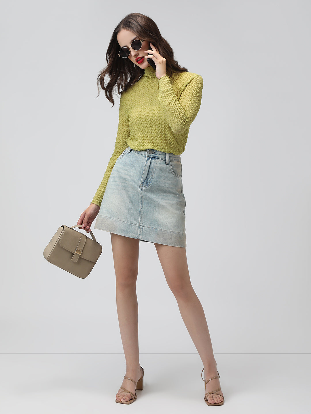 Women's Light Green Textured Sheer High Neck Top