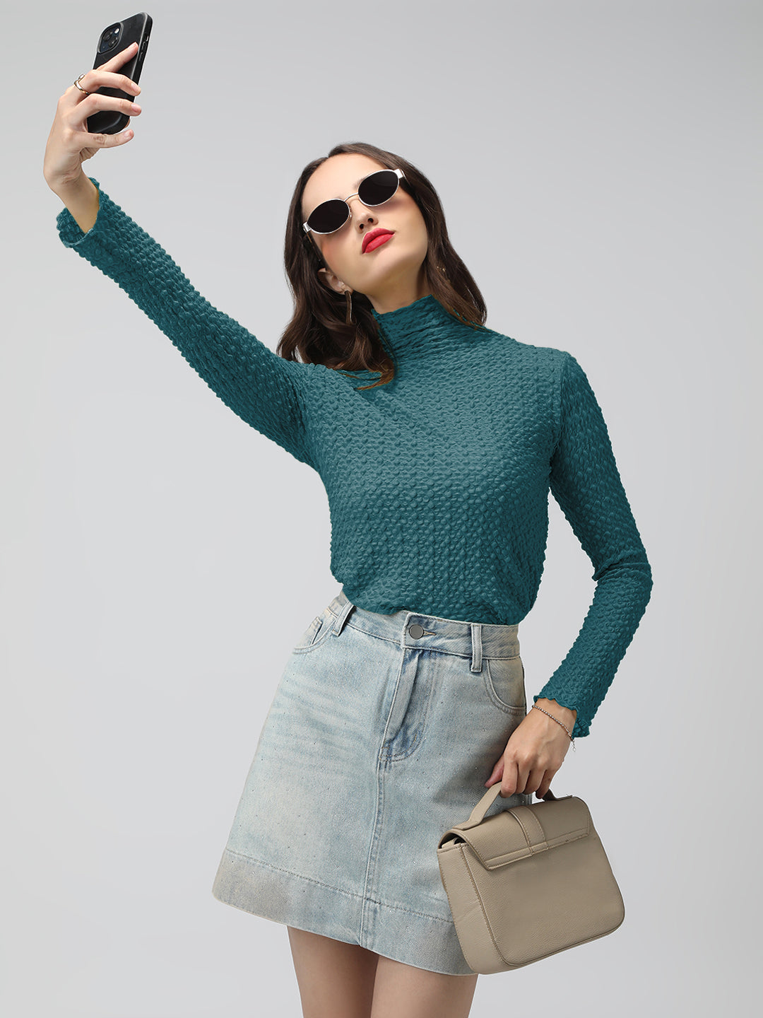 Women's Turquoise Blue Textured Sheer High Neck Top