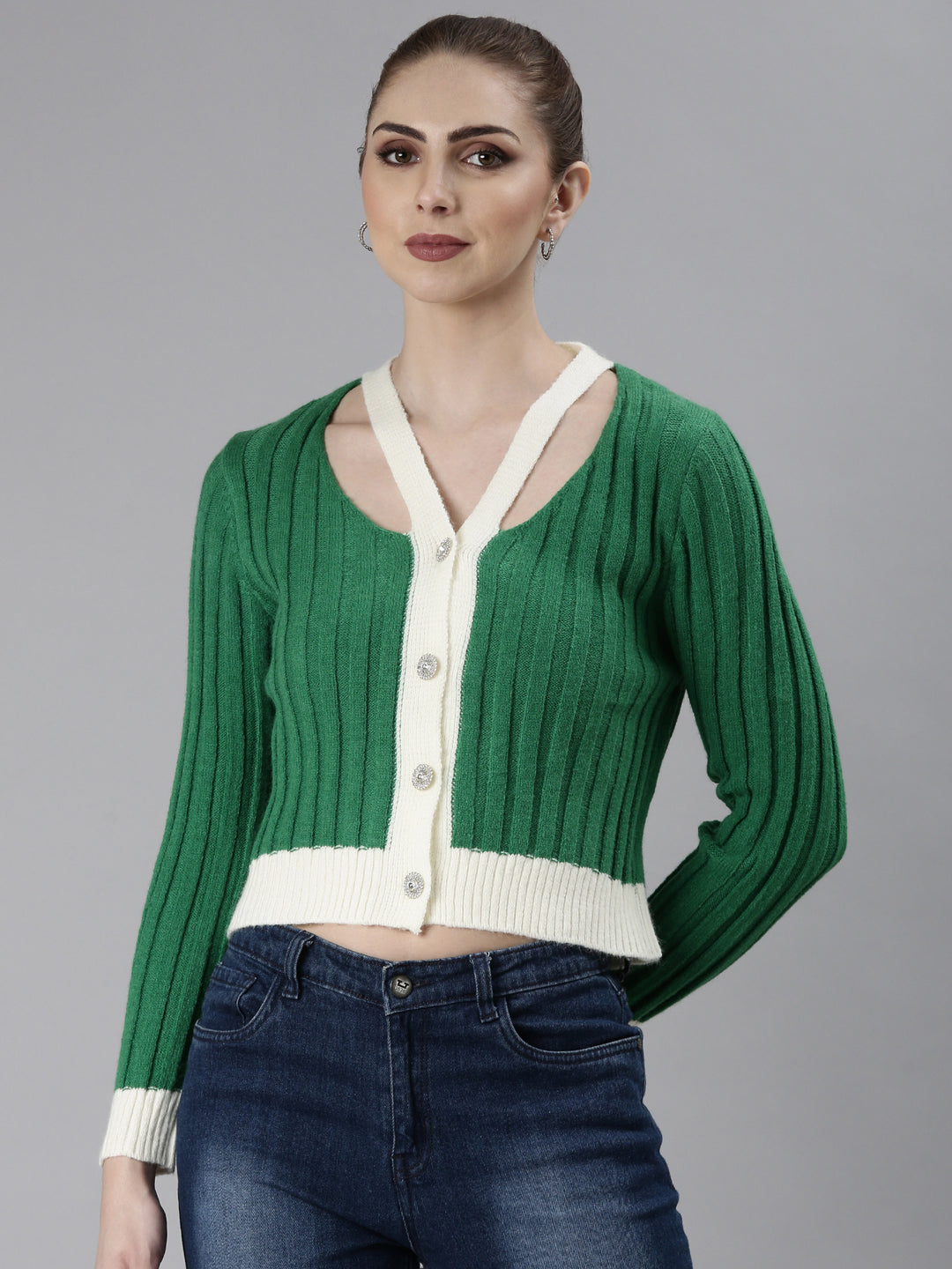 Women Green Self Design Cardigan