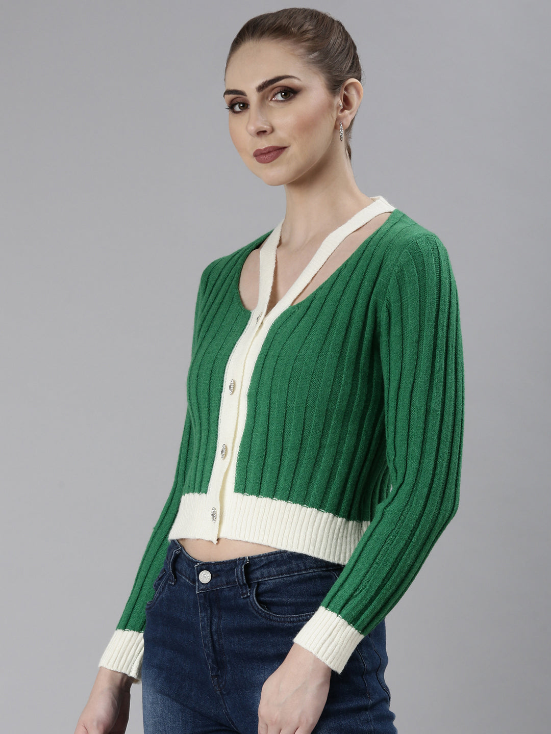 Women Green Self Design Cardigan