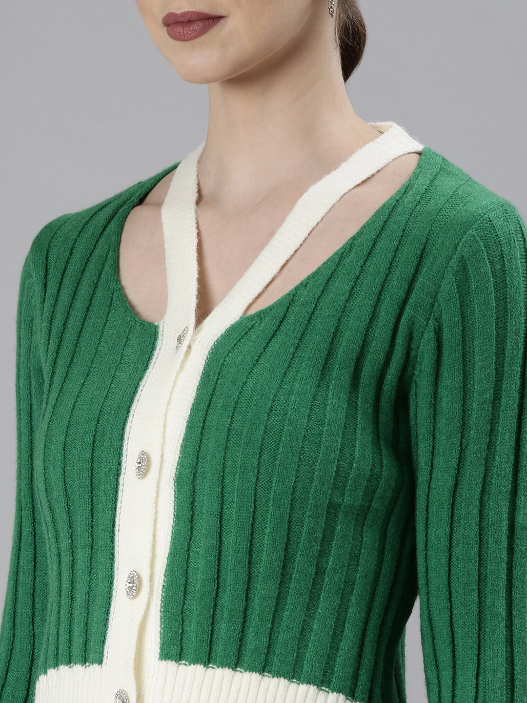 Women Green Self Design Cardigan