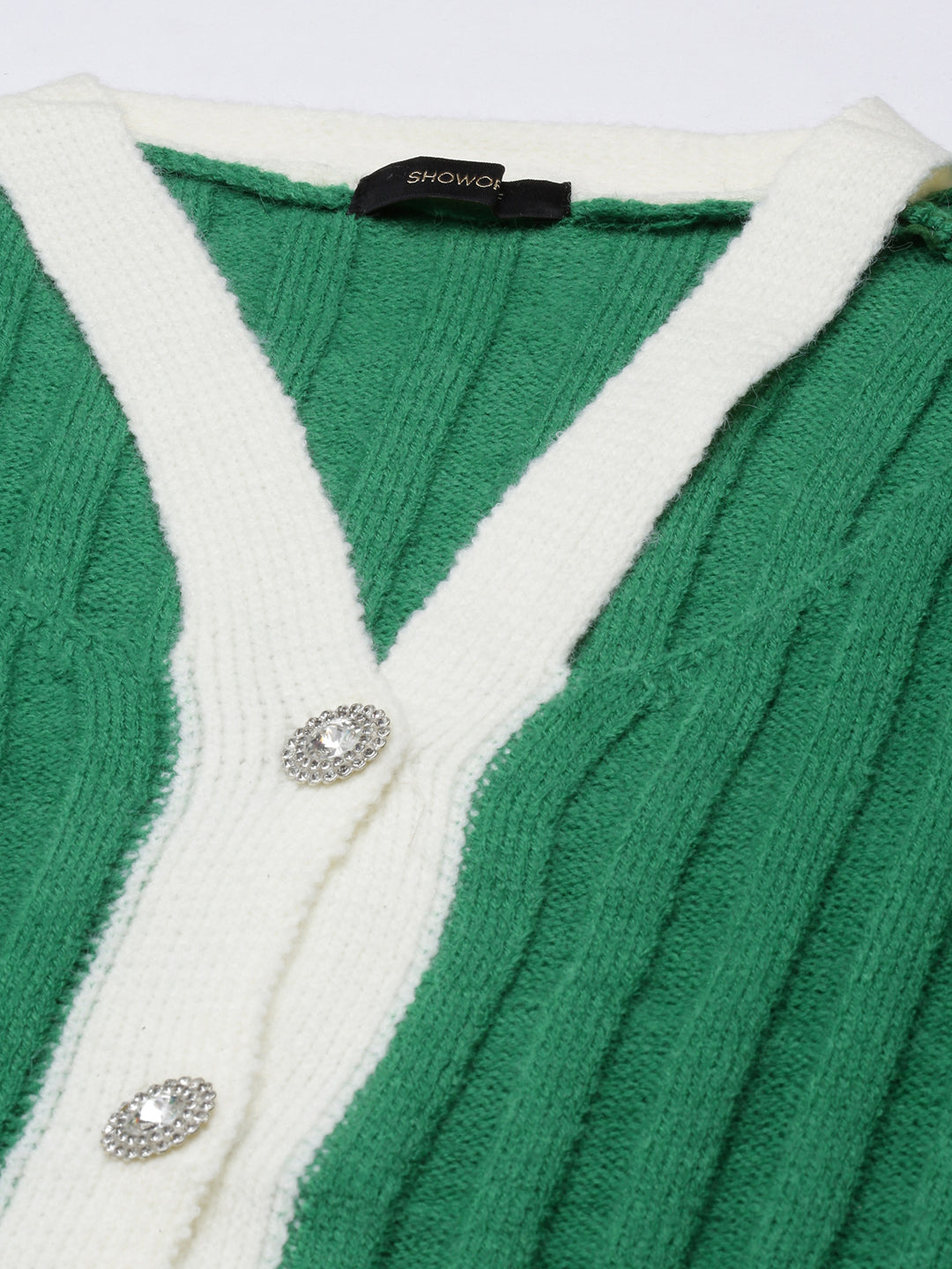 Women Green Self Design Cardigan