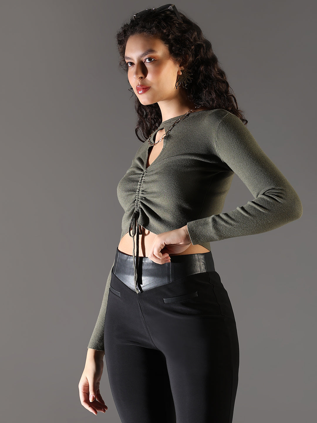 Women Green Solid Ruched Crop Top