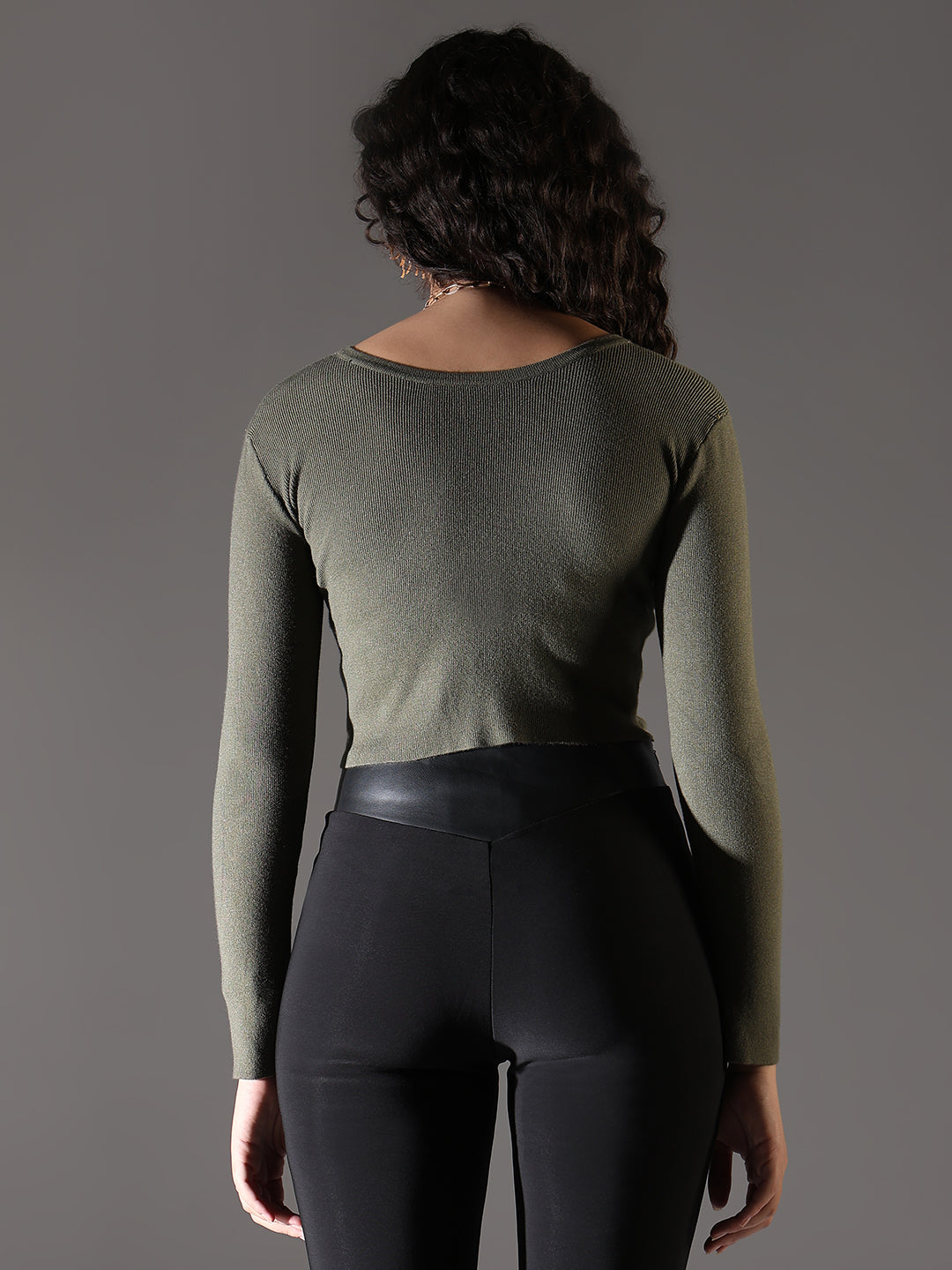 Women Green Solid Ruched Crop Top