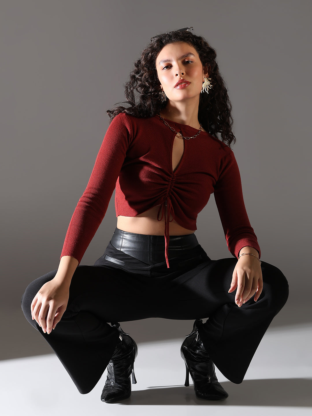 Women Red Solid Ruched Crop Top