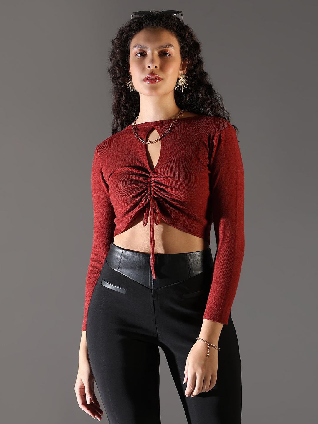 Women Red Solid Ruched Crop Top