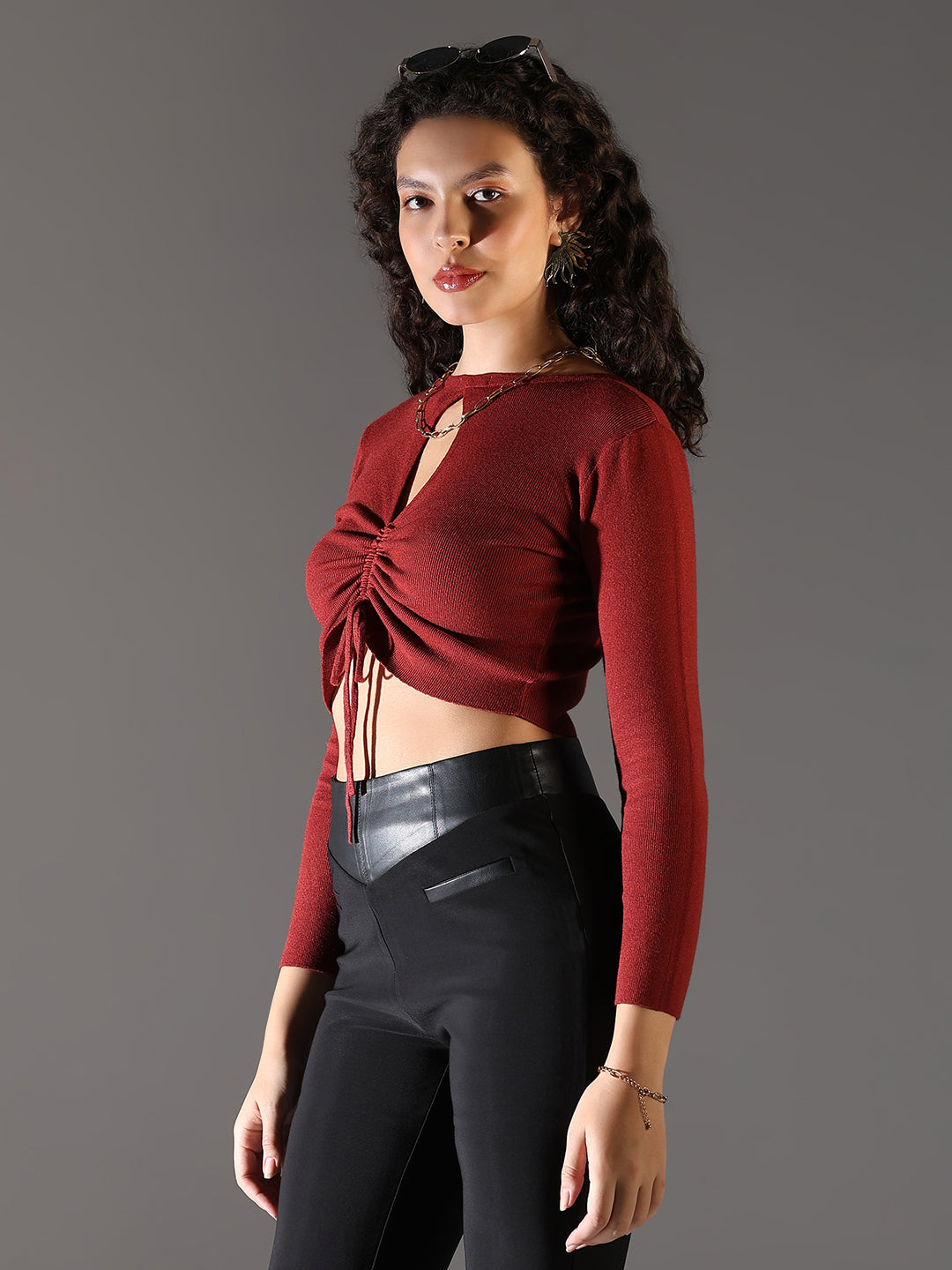 Women Red Solid Ruched Crop Top