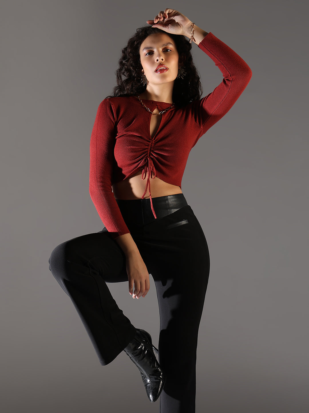 Women Red Solid Ruched Crop Top