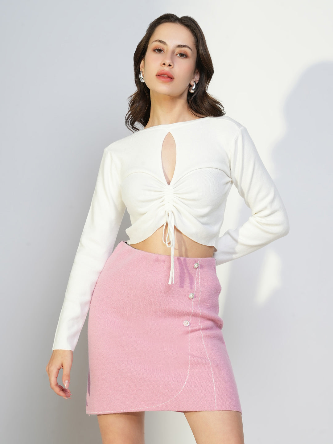 Women White Solid Ruched Crop Top