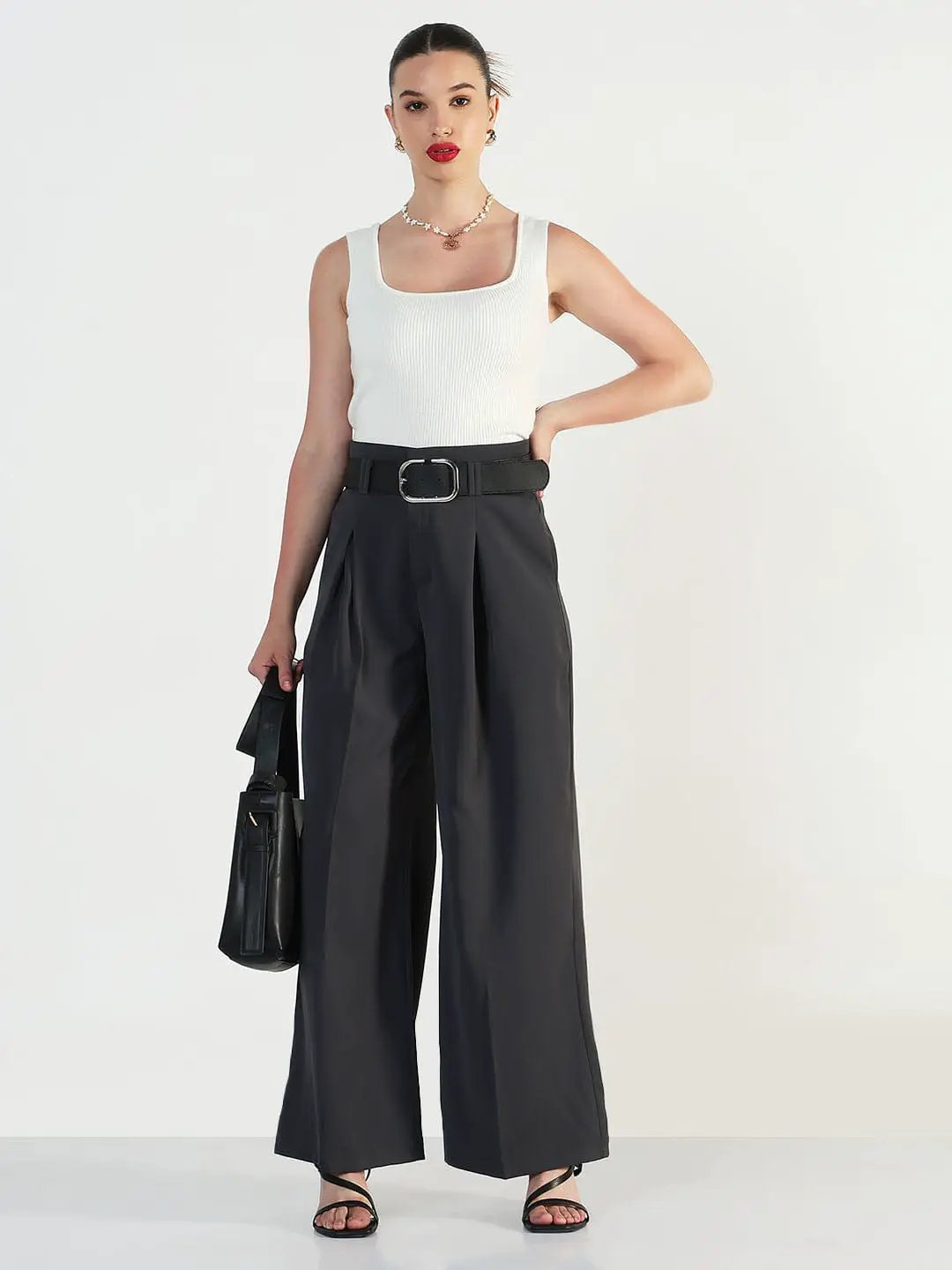 Women's Grey Straight Fit Korean Pants with Belt - from SHOWOFFFF