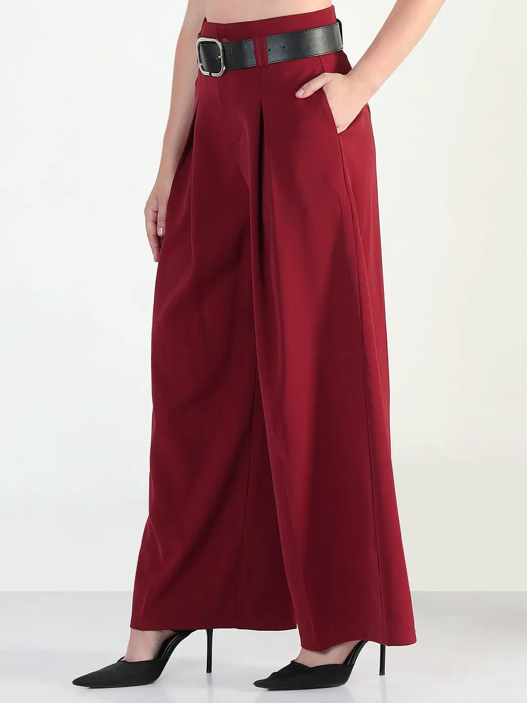 Women's Maroon Straight Fit Korean Pants with Belt - from SHOWOFFFF
