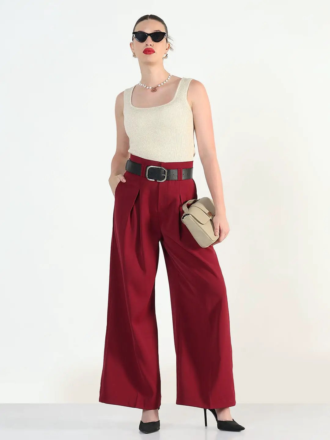 Women's Maroon Straight Fit Korean Pants with Belt - from SHOWOFFFF