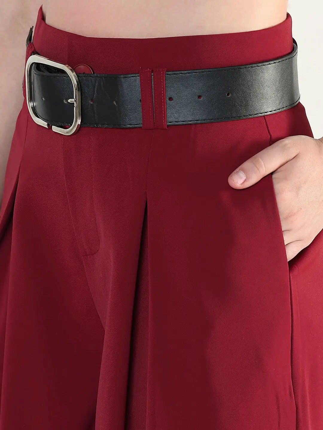 Women's Maroon Straight Fit Korean Pants with Belt - from SHOWOFFFF