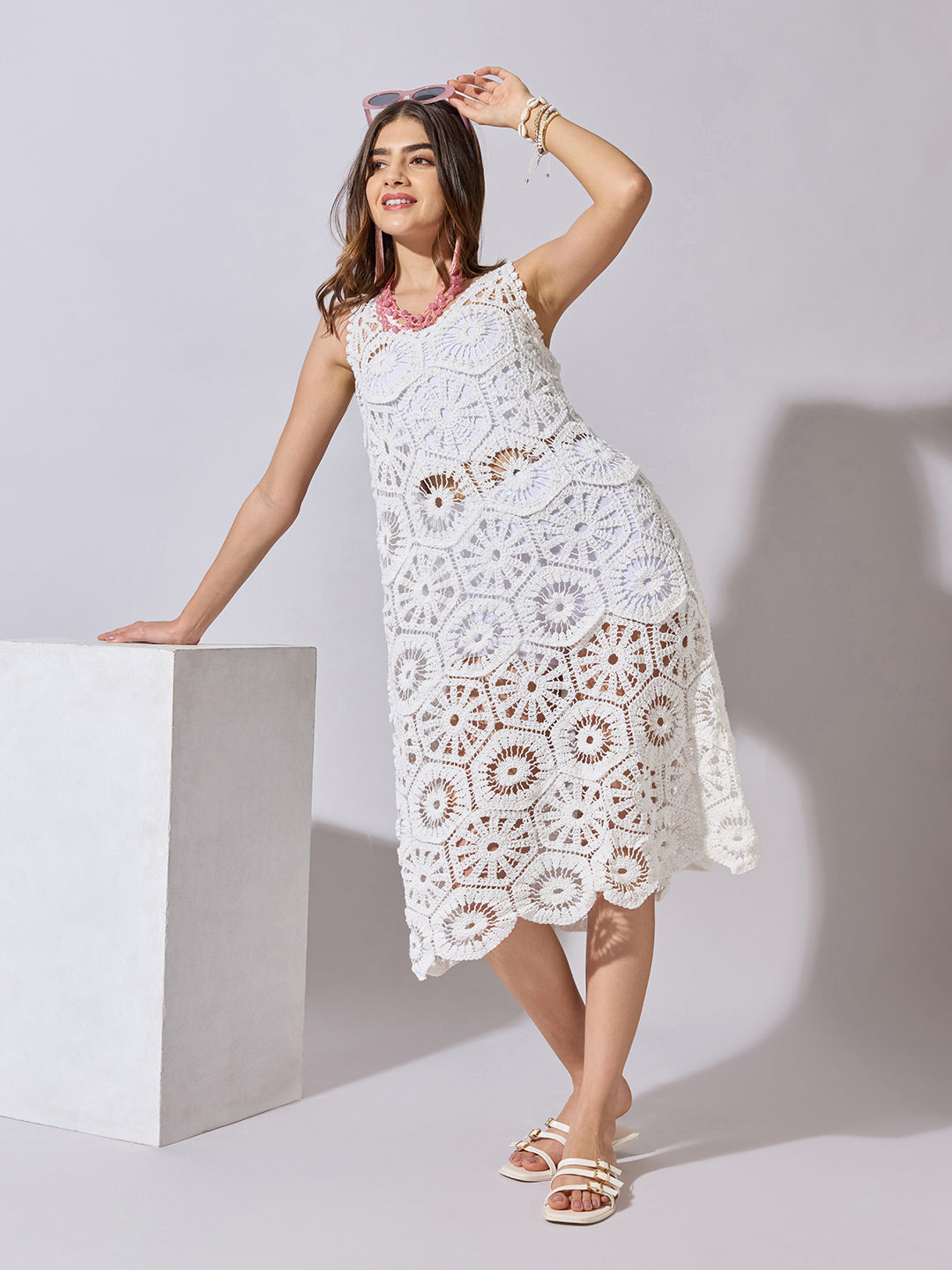 Women's Crochet White Midi Dress