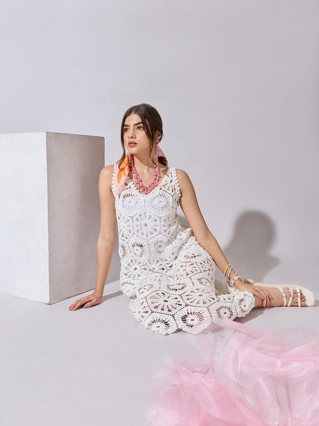 Women's Crochet White Midi Dress