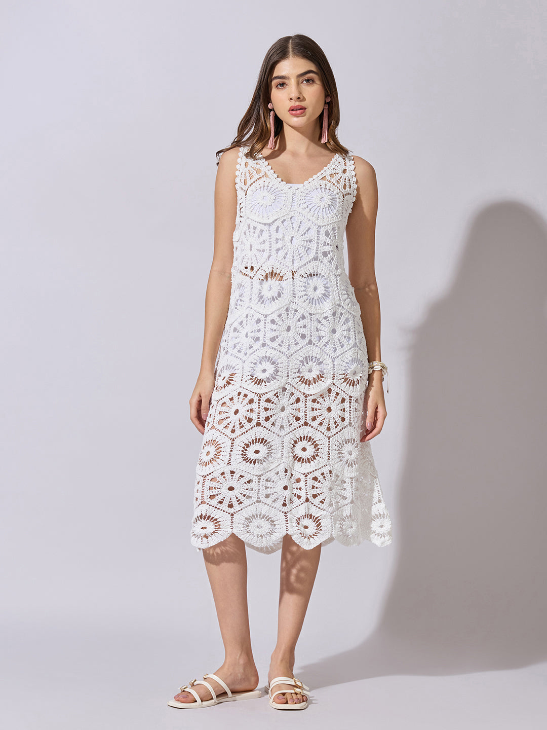 Women's Crochet White Midi Dress