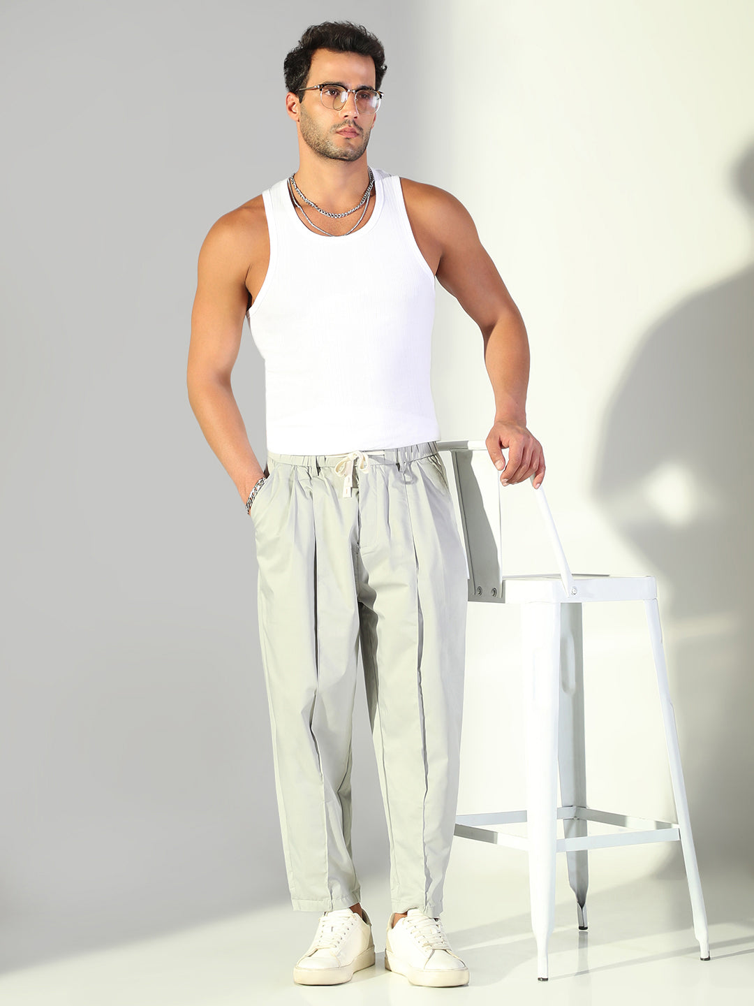 Men Grey Solid Korean Trousers