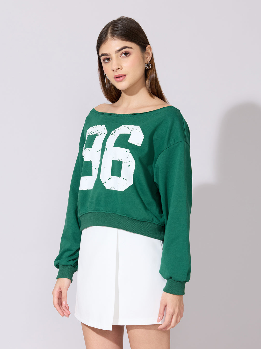 Women's Graphic Printed Green Off-Shoulder Top