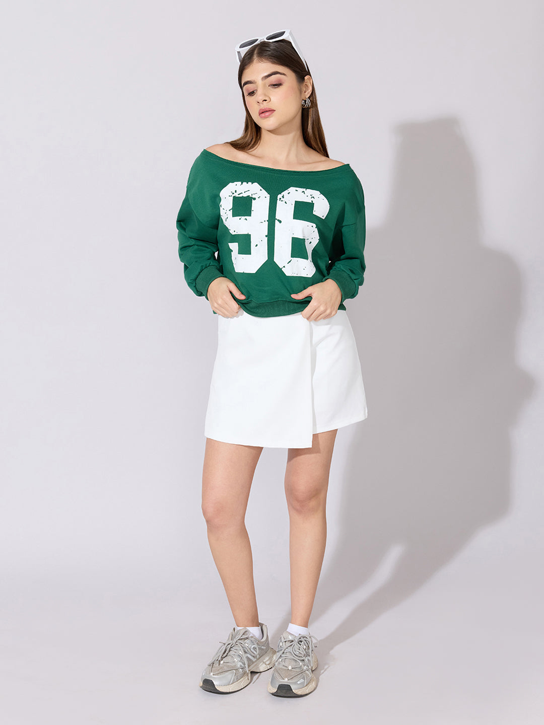 Women's Graphic Printed Green Off-Shoulder Top