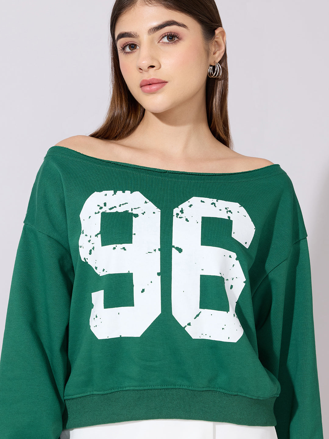 Women's Graphic Printed Green Off-Shoulder Top