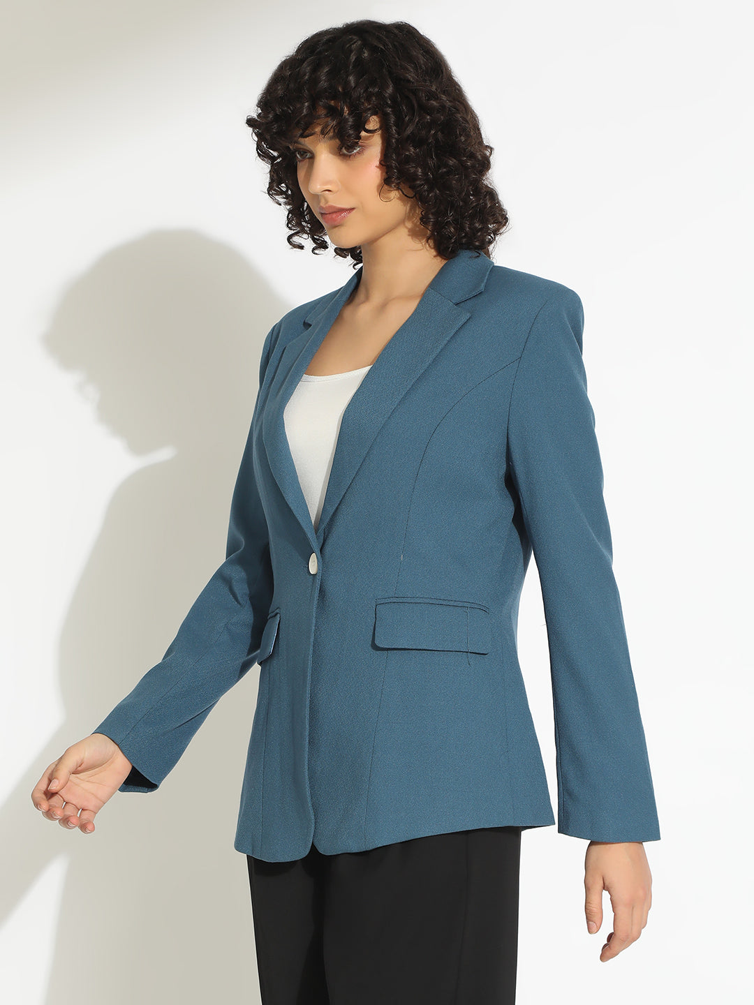 Women's Blue Single-Breasted Blazer with Notch Lapel