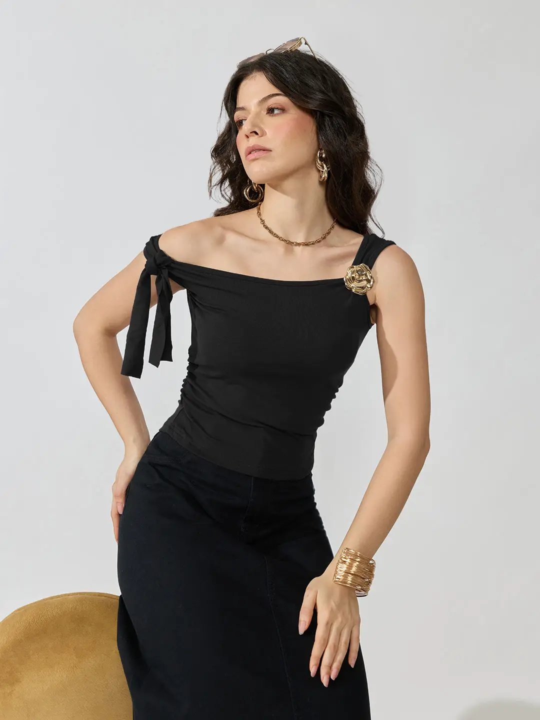 Women's Black Ruched Top with Tie-Up Sleeve & Floral Brooch Detail - from SHOWOFFFF